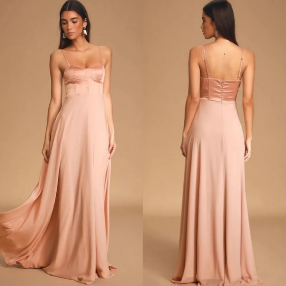 Lulu's Best Part Of Me Blush Satin Bustier Maxi Dress L Wedding Party Guest Prom - Picture 1 of 11